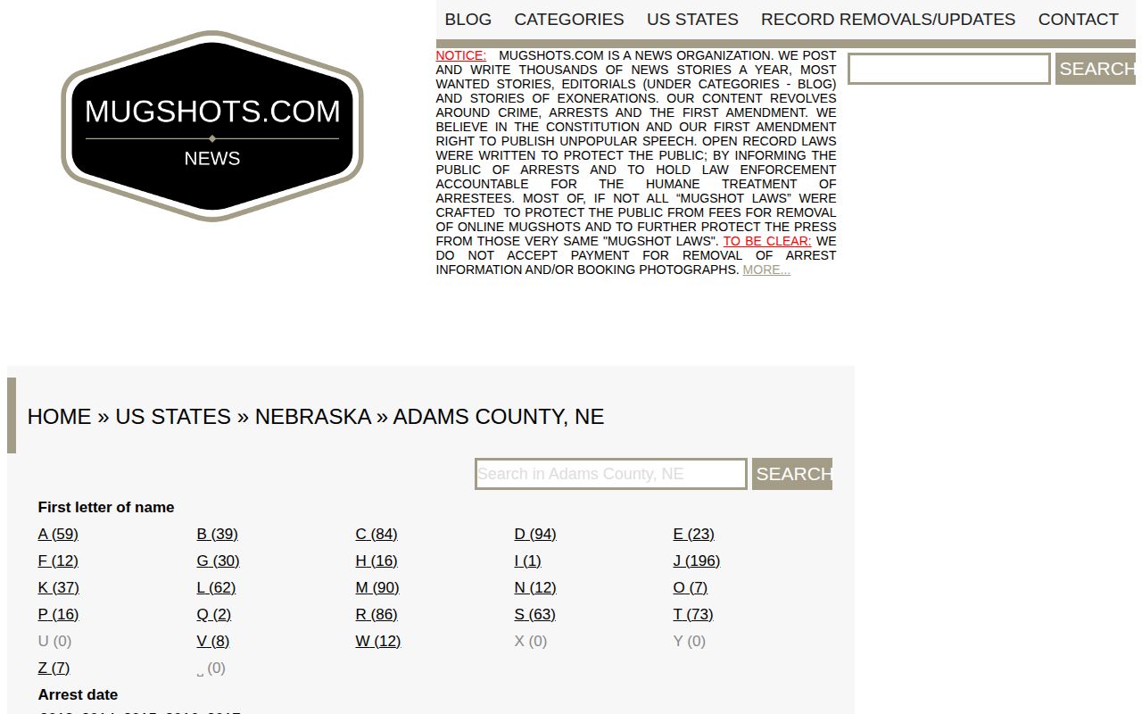Adams County Nebraska historical third-party booking-record section