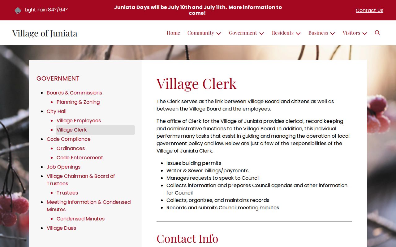 Adams County Juniata village clerk record contact for arrest and booking record routing